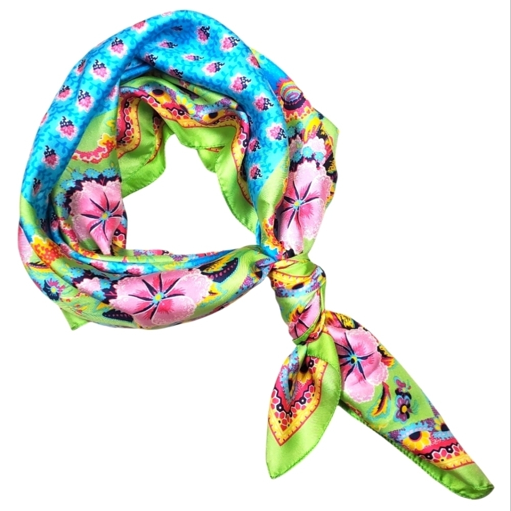 Vibrant Floral Scarf - Blue and Green. 26" x 26"